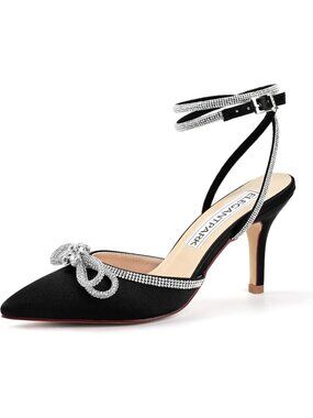 Women's Pointed Toe Ankle Strap Dress Shoes Black High Heels Pumps Rhinestones